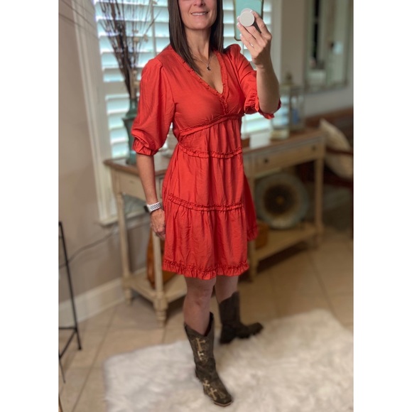 Tiered Ruffle Trim V-Neck Babydoll Rust 1821 - Picture 6 of 9